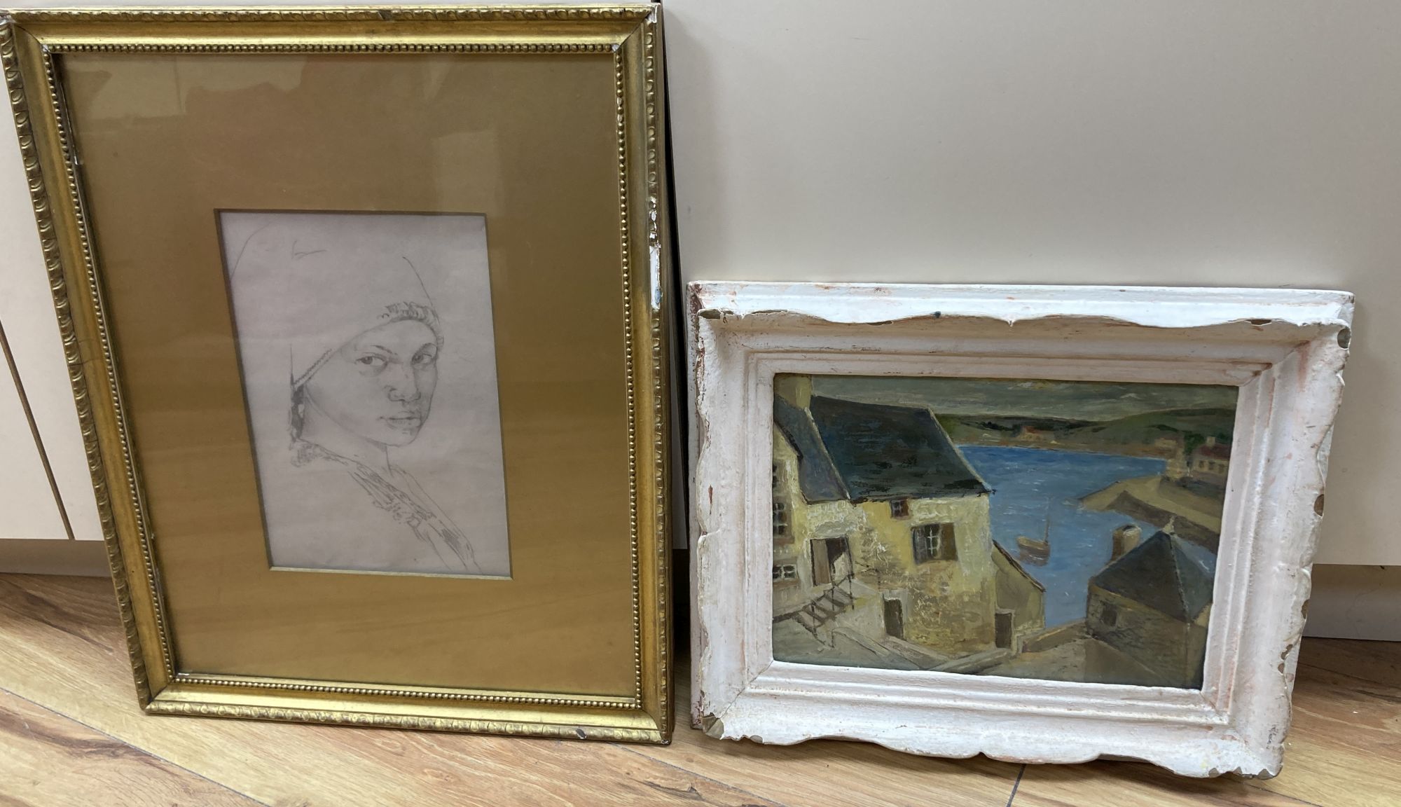 English School c.1900, pencil drawing, Study of a North African womans head, 20 x 18cm and an oil sketch of a fishing village, 22 x 29